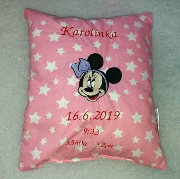Dětský polštářek s myškou, datumem a jménem růžový