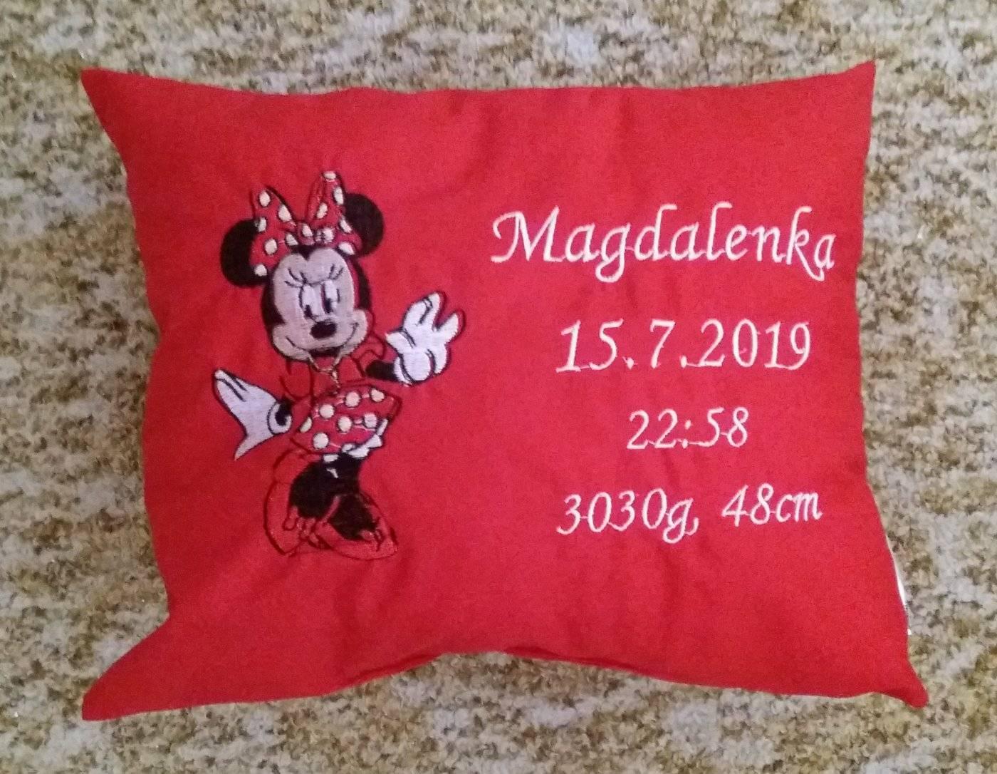 Dětský polštářek s myškou, datumem a jménem červený