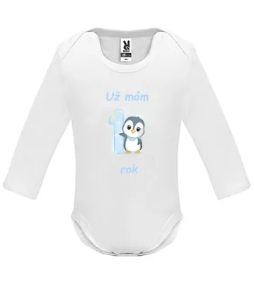 Kojenecké body s potiskem první narozeniny Tučňák dl. rukáv II