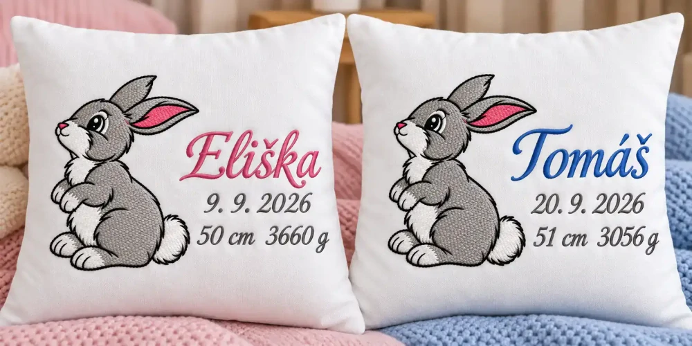 Polštářek k narození miminka se jménem a údaji – vyšívaný zajíček