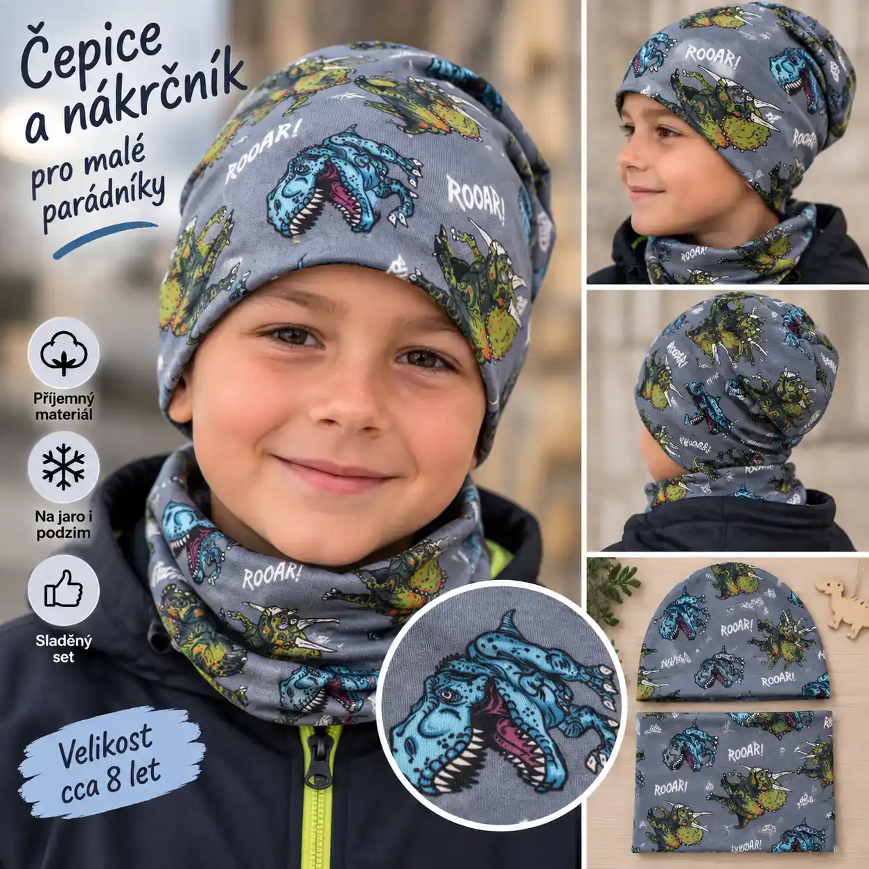 Set čepice + nákrčník dino II