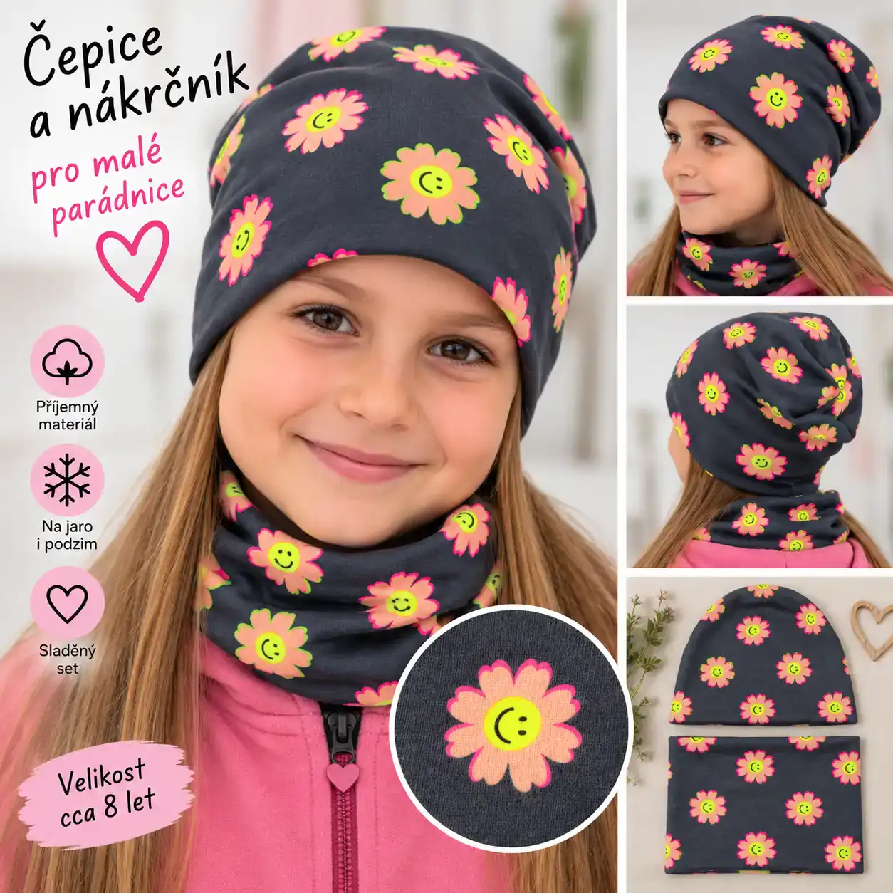 Set čepice + nákrčník Květy