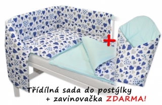 3-dílná sada mantinel s povlečením + zavinovačka zdarma - Srdíčka modré, máta
