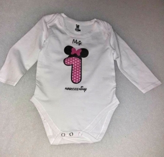 Kojenecké body dl. rukáv s potiskem první narozeniny růžová