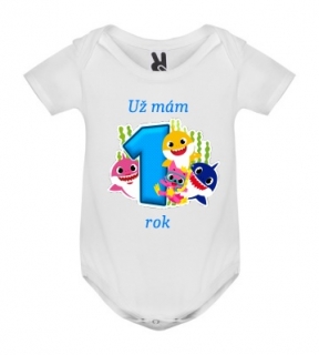 Kojenecké body krátký rukáv s potiskem první narozeniny Žralok