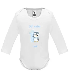 Kojenecké body s potiskem první narozeniny Tučňák dl. rukáv II