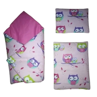 3 dílná sada pro panenku - zavinovačka, peřinka a polštářek - Sovičky